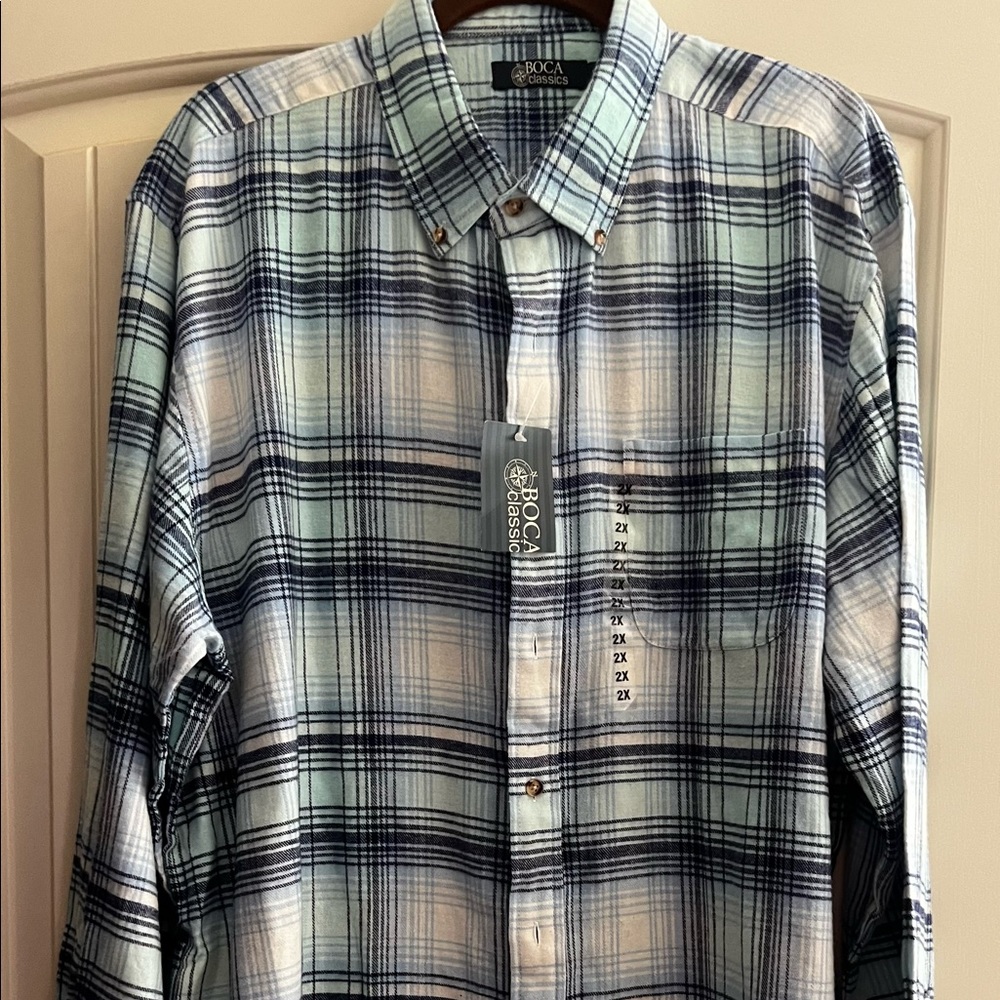 New with tags Boca Classics mens long sleeve flannel XXL light blue plaid.
